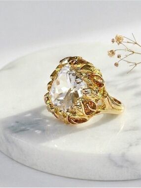 14K Gold Plated Cushion Cut Brilliant Crystal Ring | Statement Cocktail Ring